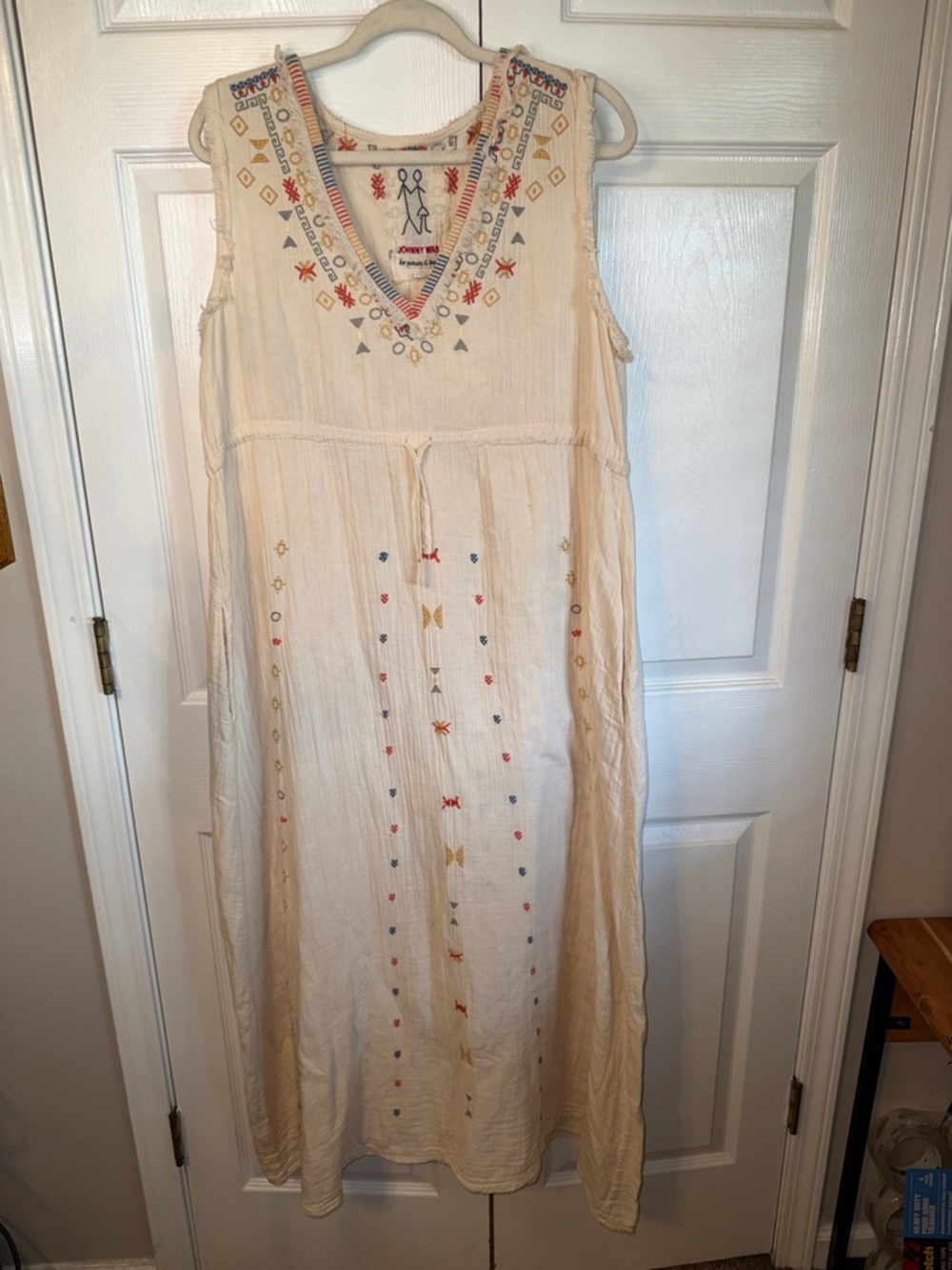 Johnny Was Boho Cream Embroidered V-Neck Maxi with Embroidery